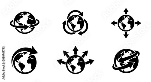 Global Network Icons, Earth Arrows Set, Worldwide Connection Symbols, Digital Communication Vector
