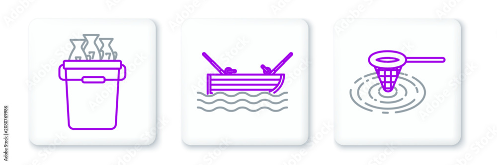 Fototapeta premium Set line Fishing net in water, bucket with fishes and boat fishing rod on icon. Vector