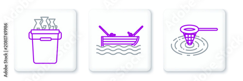 Tableau sur toile Set line Fishing net in water, bucket with fishes and boat fishing rod on icon