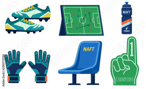 Football Training Equipment with Fan Essentials in Flat Vector Style for Sports Events