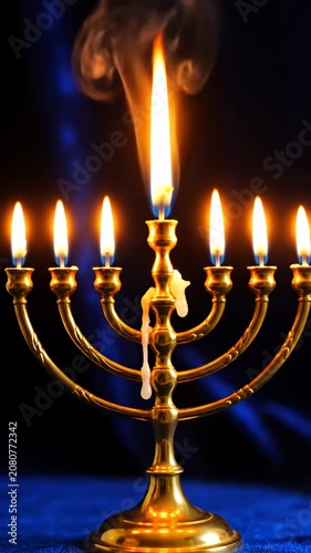 Golden Hanukkah menorah lit against blue bokeh background.
