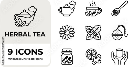 Foto Minimalist line herbal tea icon set featuring natural wellness ingredients brewi