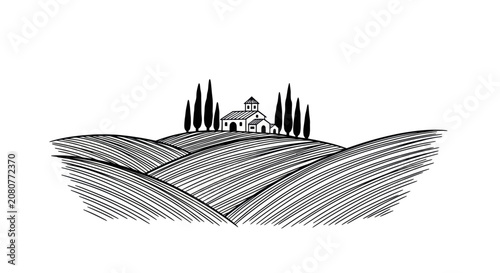 Tuscan Landscape with Cypress Trees and Farmhouse Sketch.