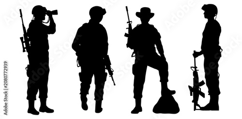 Obraz na plátně Silhouette of four soldiers with rifles and gear, on white background, military