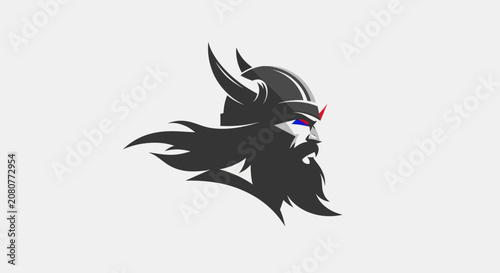 Fotografie Viking Warrior Head Logo with Horned Helmet and Beard.