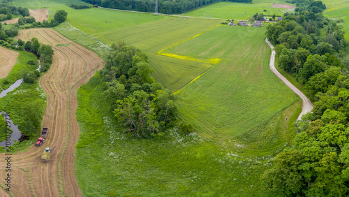 Aerial View of Meandering River and Farmland in Lithuania
