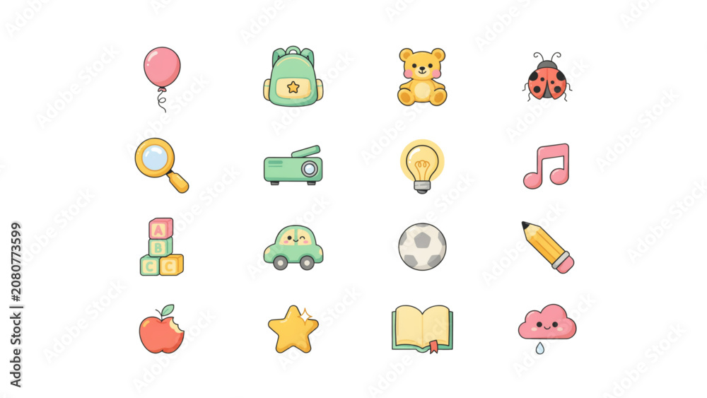 Fototapeta premium Colorful set of playful flat icons representing everyday activities and objects