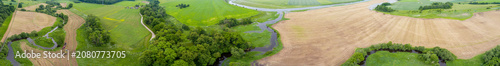 Aerial View of Meandering River and Farmland in Lithuania