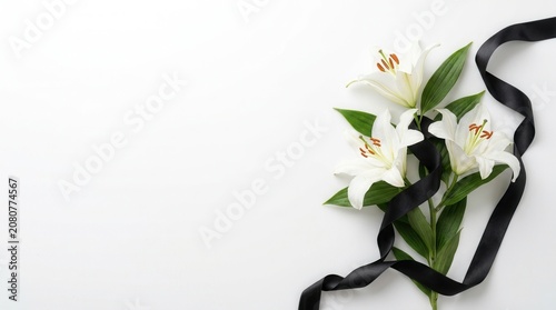 White background with space for text featuring beautiful lily flowers and a black funeral ribbon