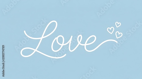 Elegant Handwritten Love Script with Floating Hearts in Light Blue Pastel Background