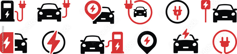 Naklejka premium Charging Point with electric car icon set, Car charging point icon electric plug symbol, hybrid vehicles charging point, Vector Illustration !