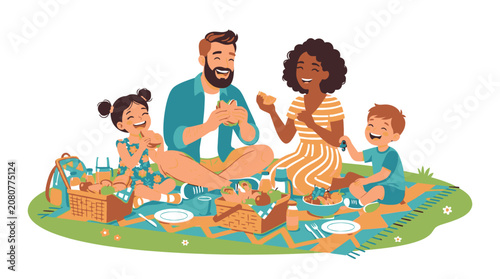 Family having outdoor picnic together happily.