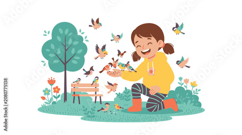 Little girl feeding butterflies in garden.