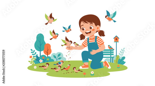 Little girl feeding colorful butterflies outside.