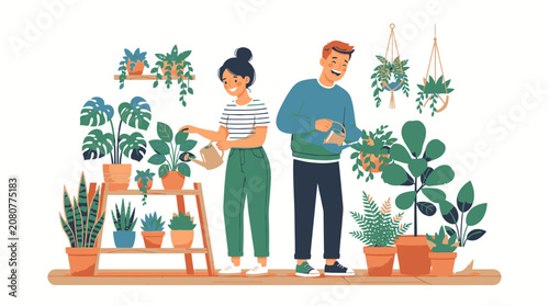 Man and woman with house plants.