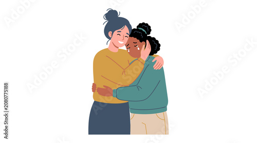 Two women hugging each other tightly.