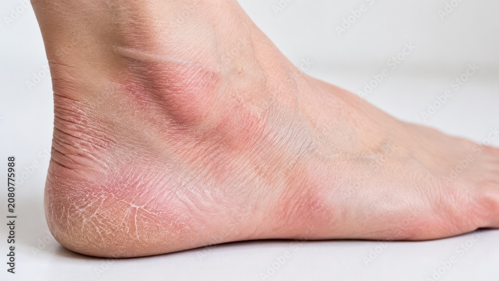 Fototapeta premium Close up of dry heel rash, eczema, dermatitis, foot care