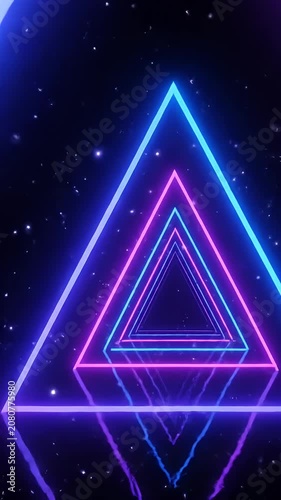 Glowing neon triangles in dark synthwave space.