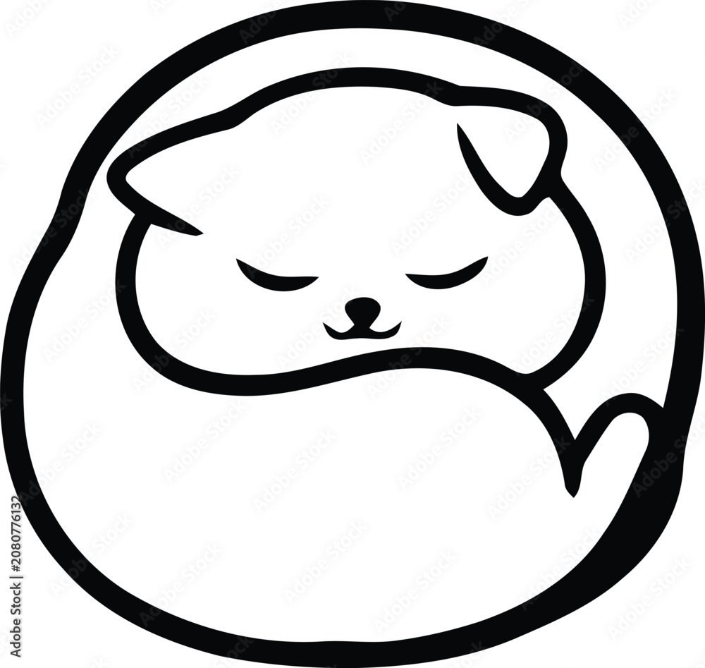Fototapeta premium Cute cat curled up sleeping round vector illustration with sleeping minimalist whiskers