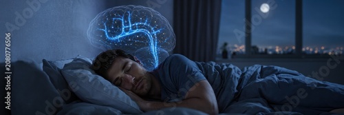 Man sleeping with glowing brain data, sleep science, insomnia