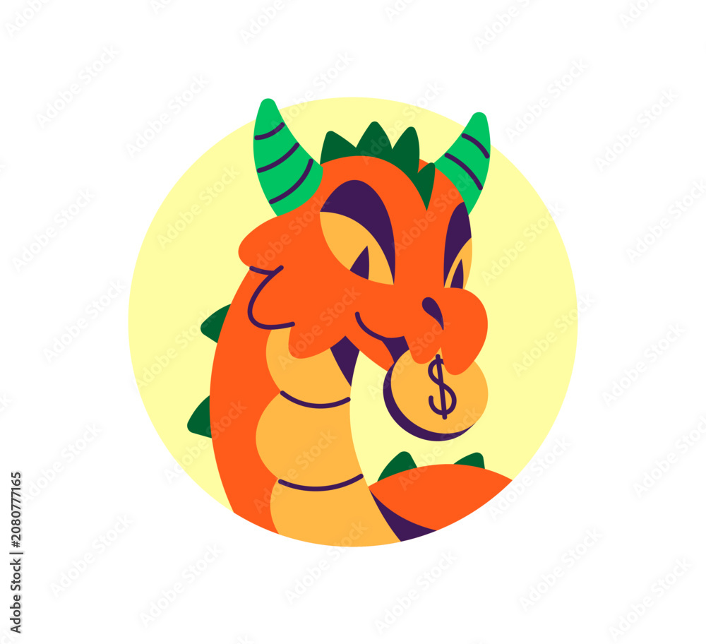 Obraz premium Circle portrait of magic dragon with golden coin. Avatar of cute monster for user profile. Happy fantasy, character, fairytale creature in round frame. Flat isolated vector illustration on white