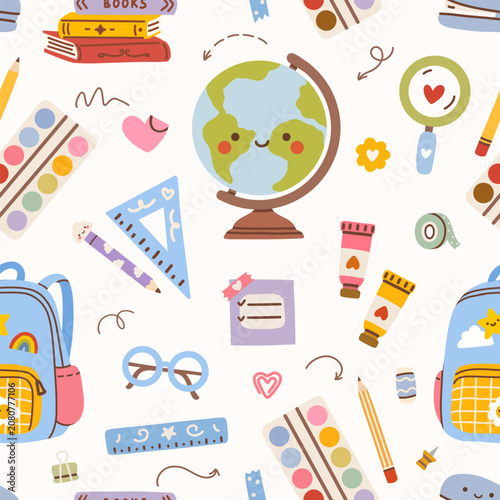 Cute Kawaii Back To School Seamless Pattern