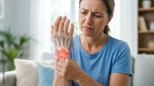 Mature woman at home suffering from wrist pain