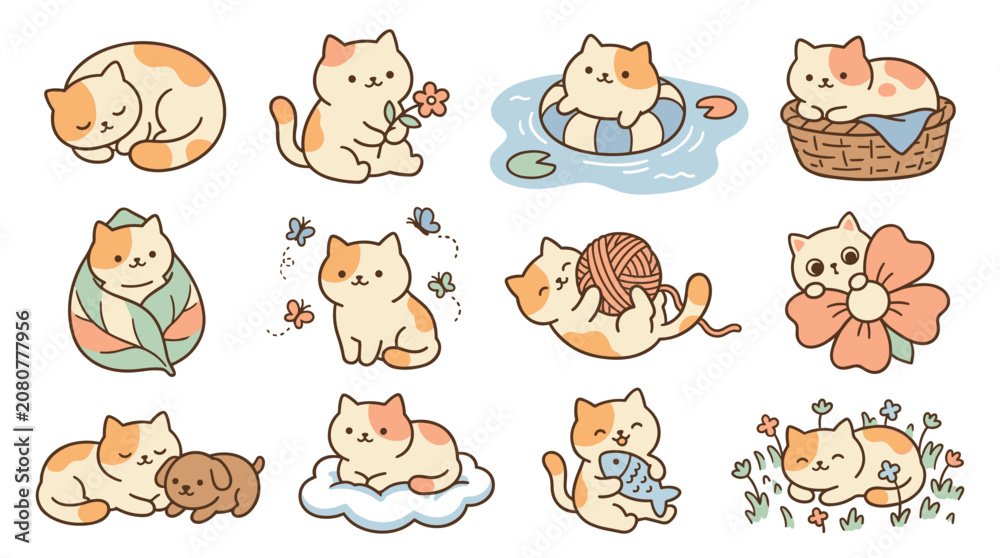 Fototapeta premium Collection of charming vector art cats in various cute poses and activities, playful, sleepy, with flowers and butterflies, digital illustration for