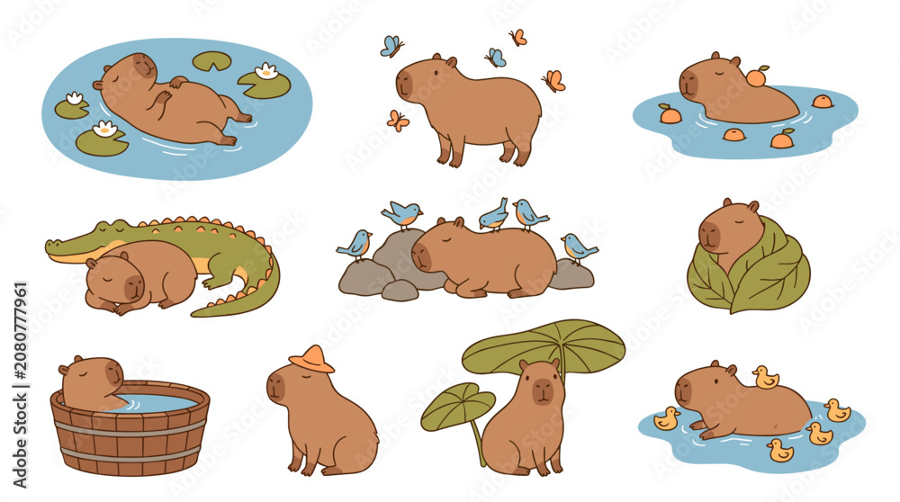 Obraz premium Collection of cute capybara illustrations, relaxed poses, interacting with nature and small birds, simple drawing style, playful and serene mood