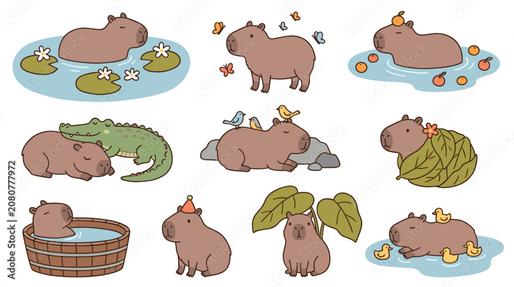 Obraz premium Cute capybara collection in various activities like swimming, relaxing on rocks, and playing with birds, with a friendly and peaceful atmosphere