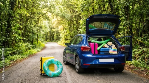 A modern car with colorful luggage and vacation gear outdoors