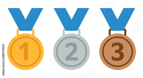Medals icons featuring gold, silver, and bronze awards with 1st, 2nd, and 3rd place numbers for sports apps, websites, and vector design