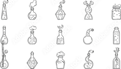 Konstfotografi Collection of black line art laboratory glassware and potion bottles with smoke