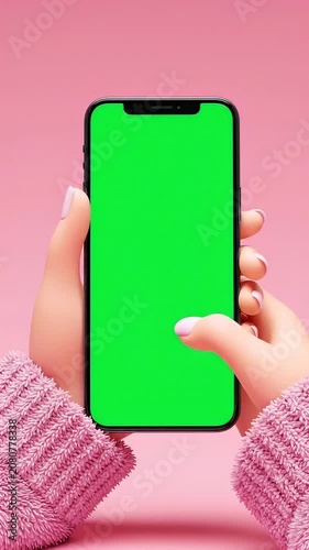 Hand holding smartphone with blank green screen.