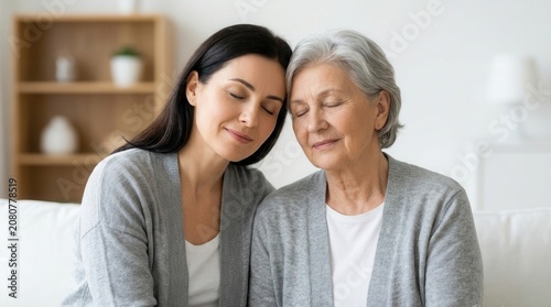 Elderly woman and her happy daughter embracing at home.