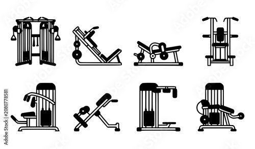 Photos Minimalist Gym Weight Training Machine Line Icon Set with Functional Crossover C