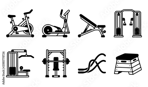Schilderij op canvas Minimalist Gym Equipment Line Icon Set with Stationary Bike, Elliptical, Bench,