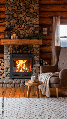 Cozy Living Room With Stone Fireplace And Brown Armchair In Rustic Cabin Setting