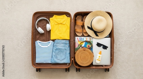 Suitcase packed with travel belongings lying on the floor.