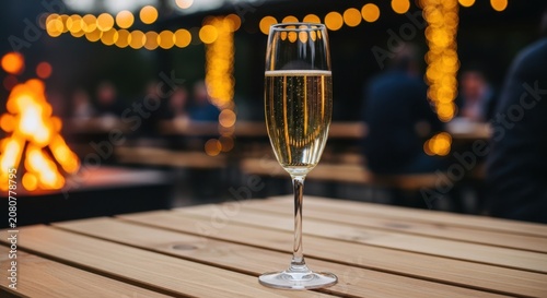 Glass of champagne on a wooden table at night with warm glowing lights in the background
