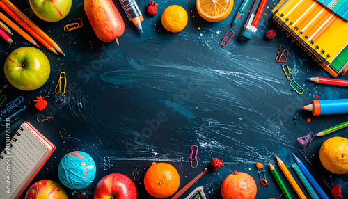 Colorful Back To School Supplies And Fresh Fruits On Dark Chalkboard Background
