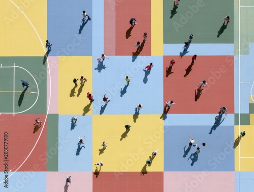 Top View of Colorful Outdoor Sports Court with People Walking Across Geometric Patterned Surface