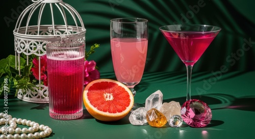 Pink grapefruit cocktails with ice and decorative birdcage on a dark green background