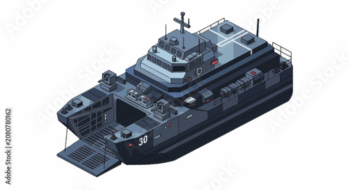 Photography Modern military landing craft vessel with ramp down.