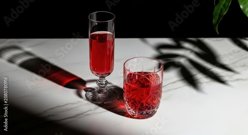Two glasses with red cocktail drinks on a table with leaf shadow