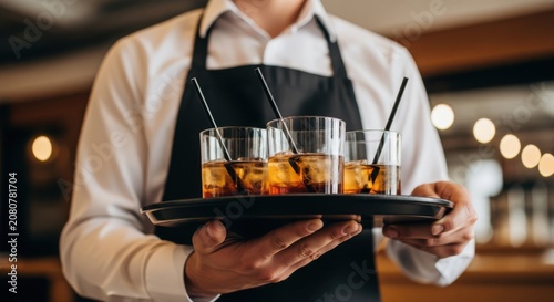 Waiter holding a tray with alcoholic cocktails in a dimly lit restaurant bar