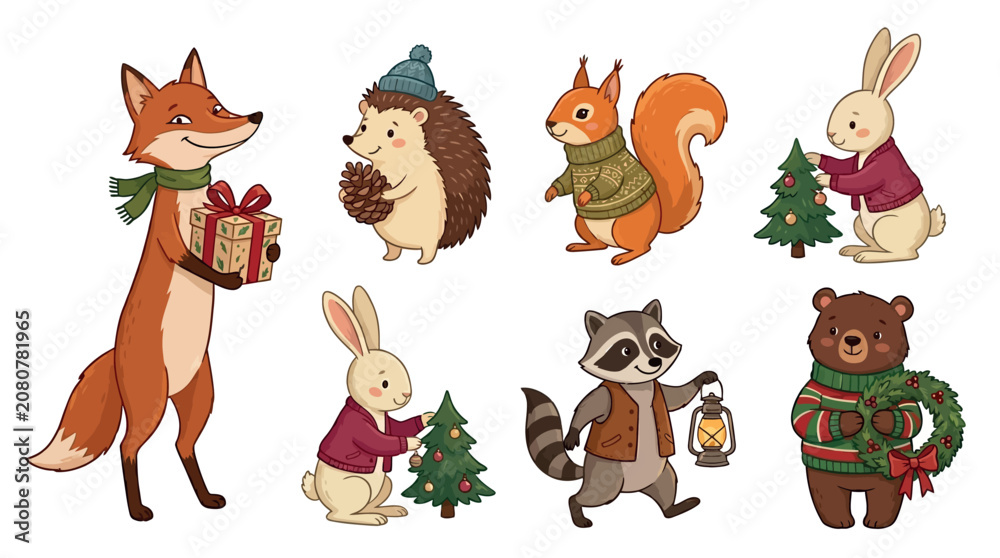 Fototapeta premium Woodland animals in winter clothes with christmas trees and gifts