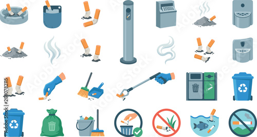 Canvastavla Cigarette Waste and Environmental Litter Cleaning Flat Icon Set Featuring Butt D