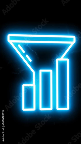 Neon blue funnel chart icon on black background.