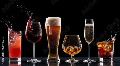 Various alcoholic drinks in glasses with liquid splashing on a black background